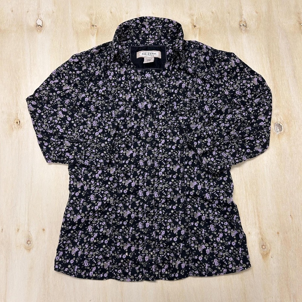 Y2K Arizona Jean Company Button Up Shirt Women Small Black Floral 3/4 Sleeve Top